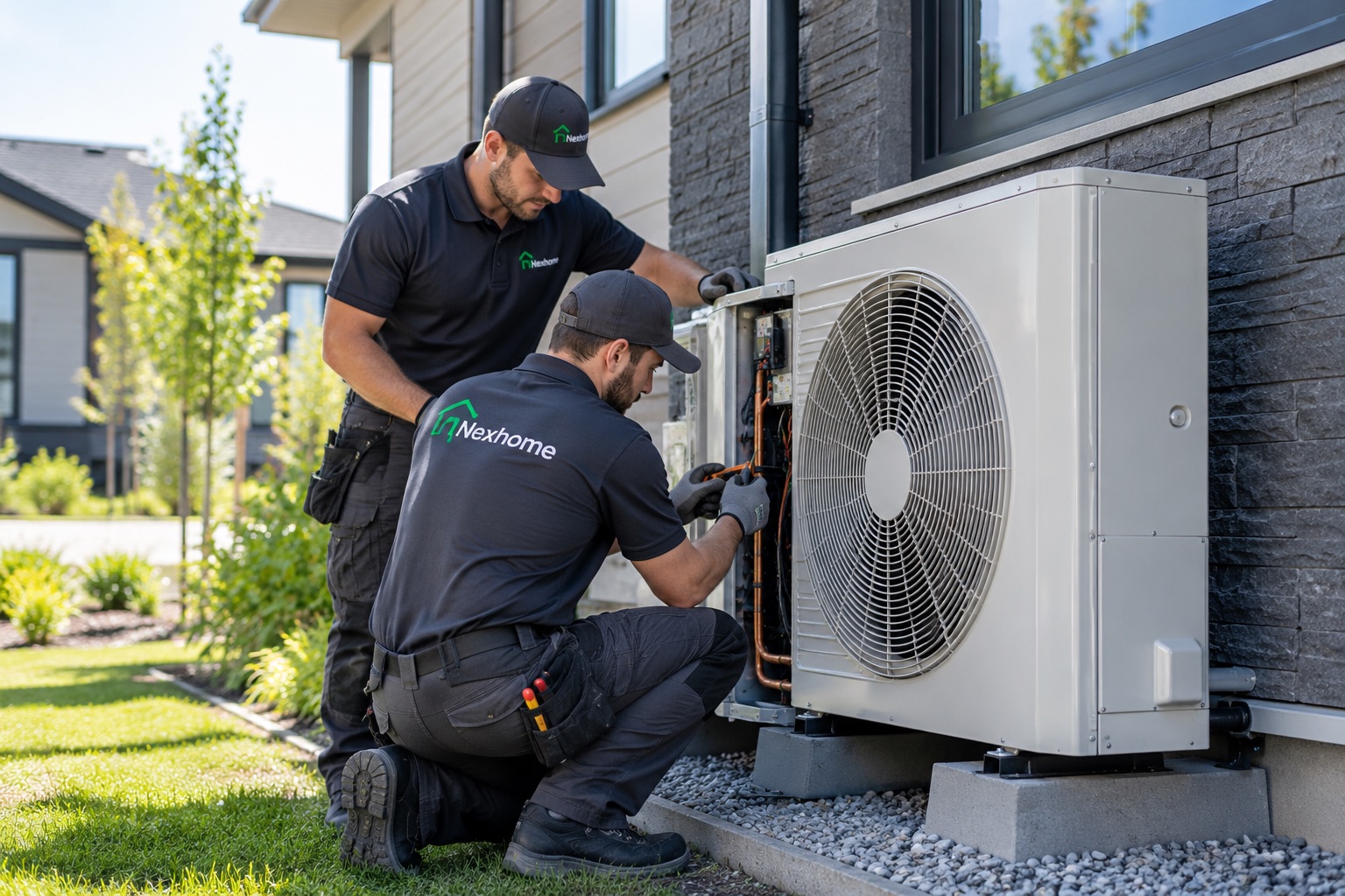 Nexhome technicians installing a heat pump at a Canadian home