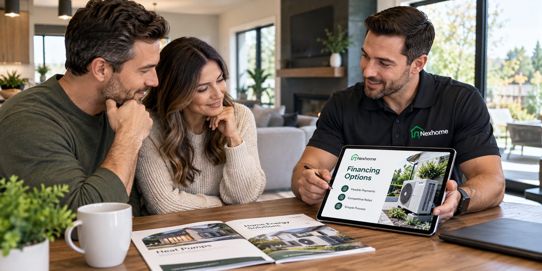 A Nexhome advisor going through financing options with homeowners at their kitchen table