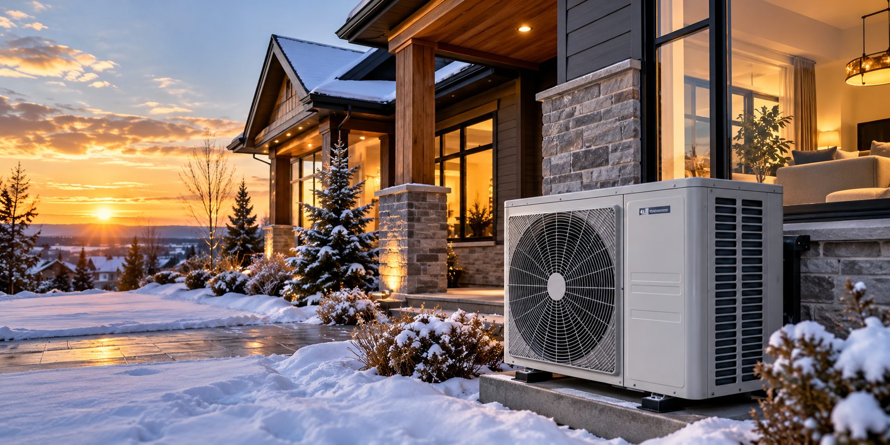 A cold-climate heat pump running outside a Canadian home in winter at dusk