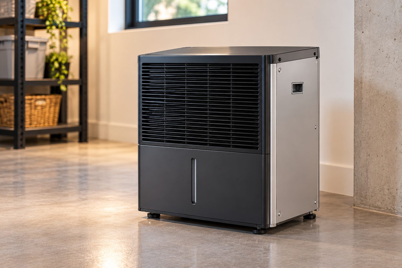 A whole-home dehumidifier on a basement floor