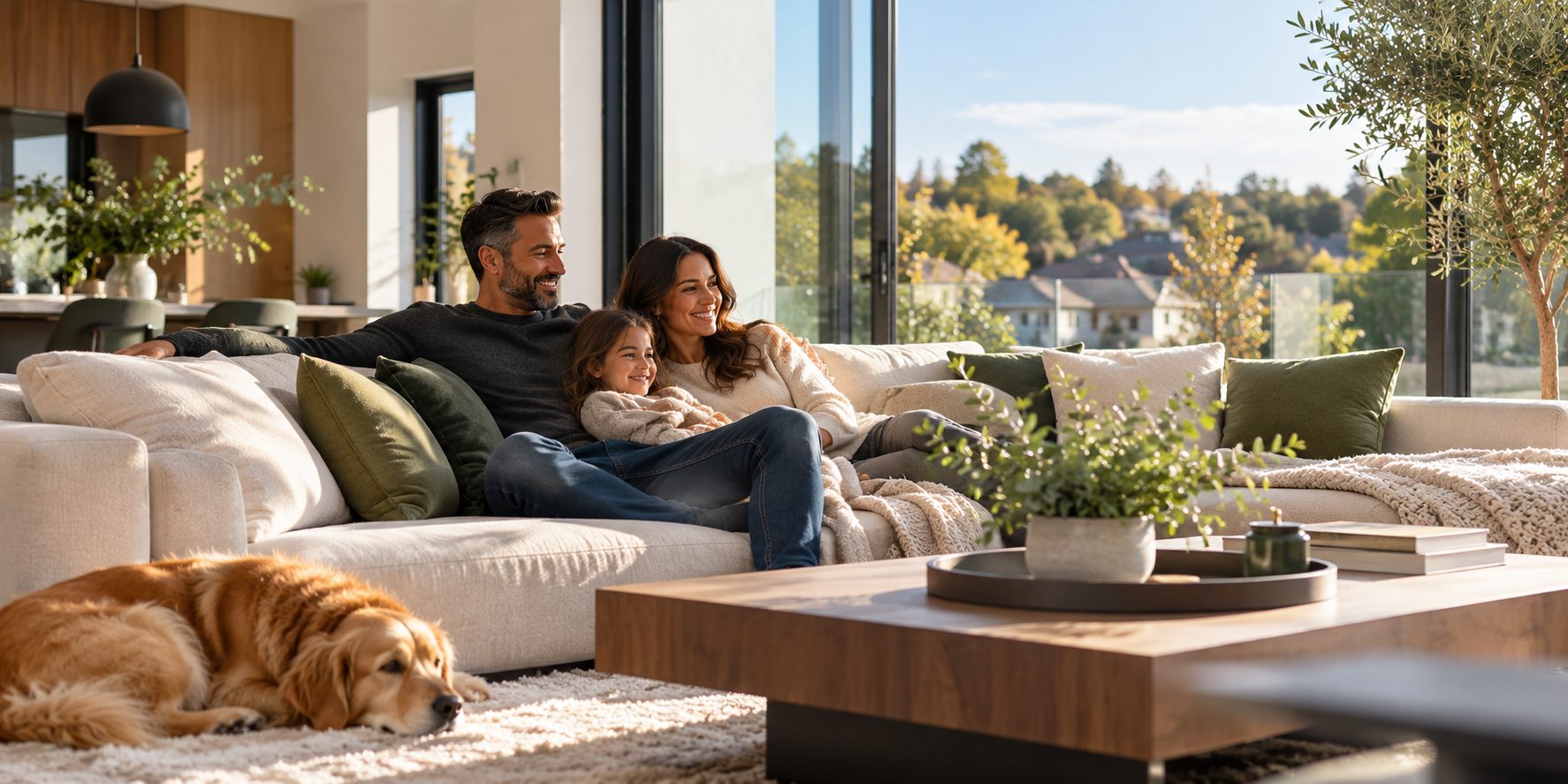 A family relaxing on a sofa in a bright, sunlit living room, with their dog resting on the rug