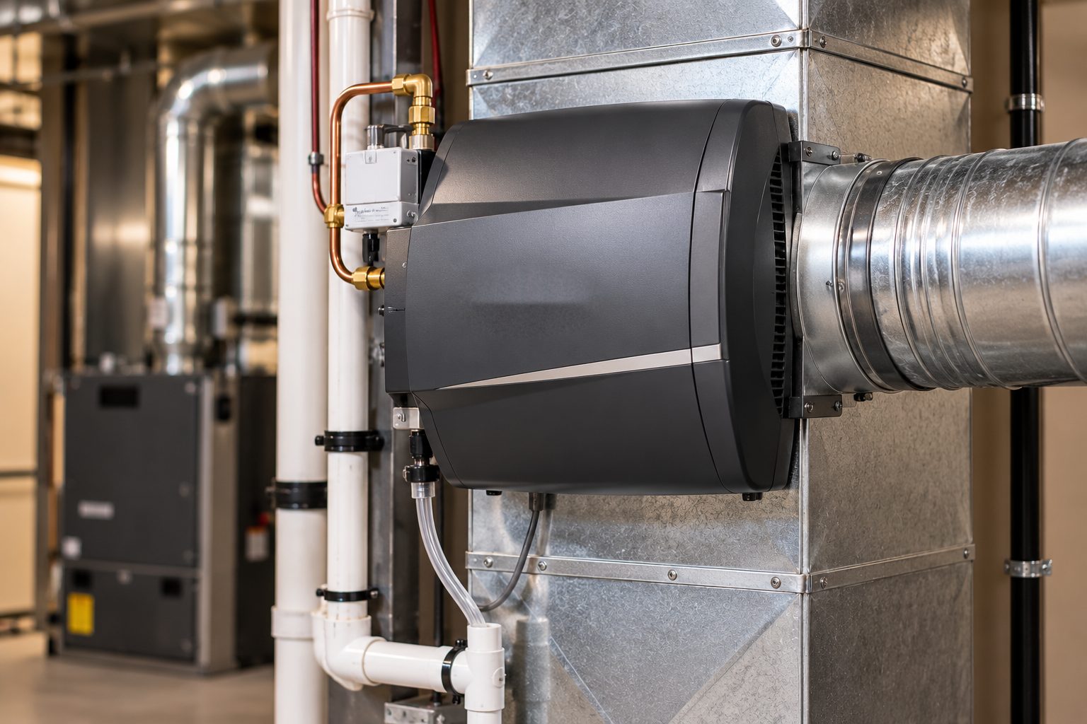 A whole-home humidifier mounted on the ductwork beside a furnace, with its water line and drain