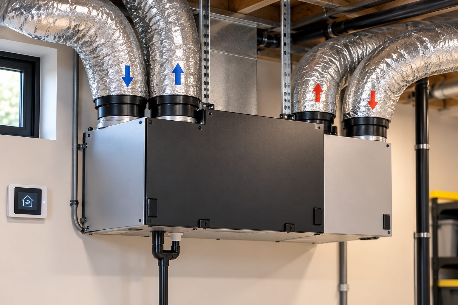A heat recovery ventilator with four insulated ducts and a wall control