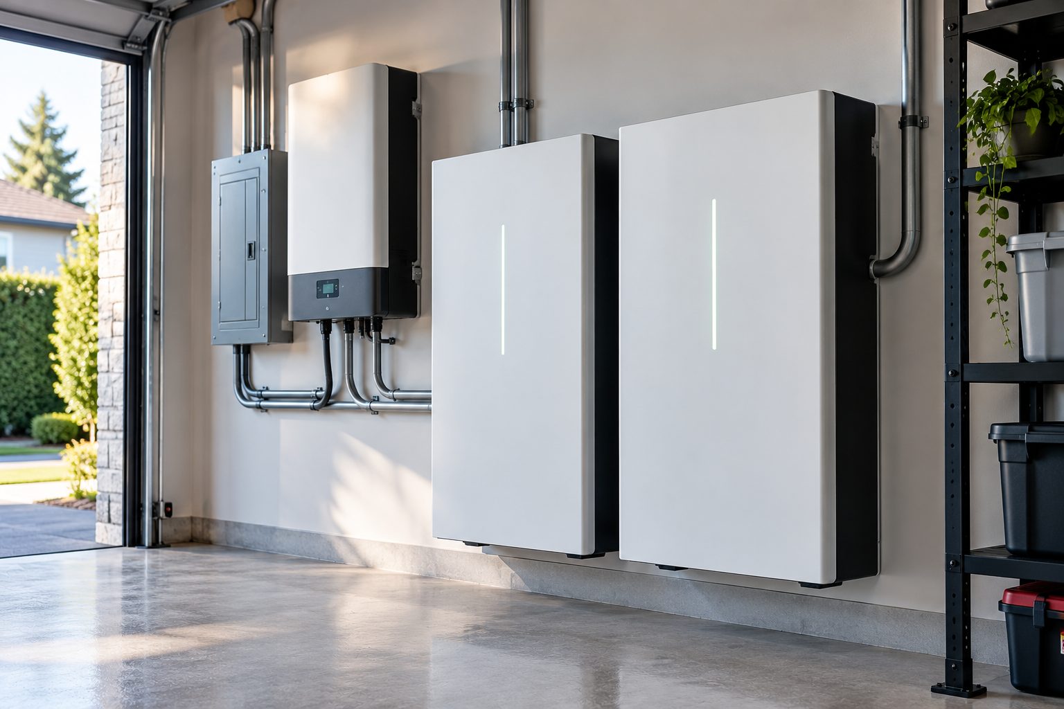 Two wall-mounted home batteries beside an inverter and electrical panel in a bright garage