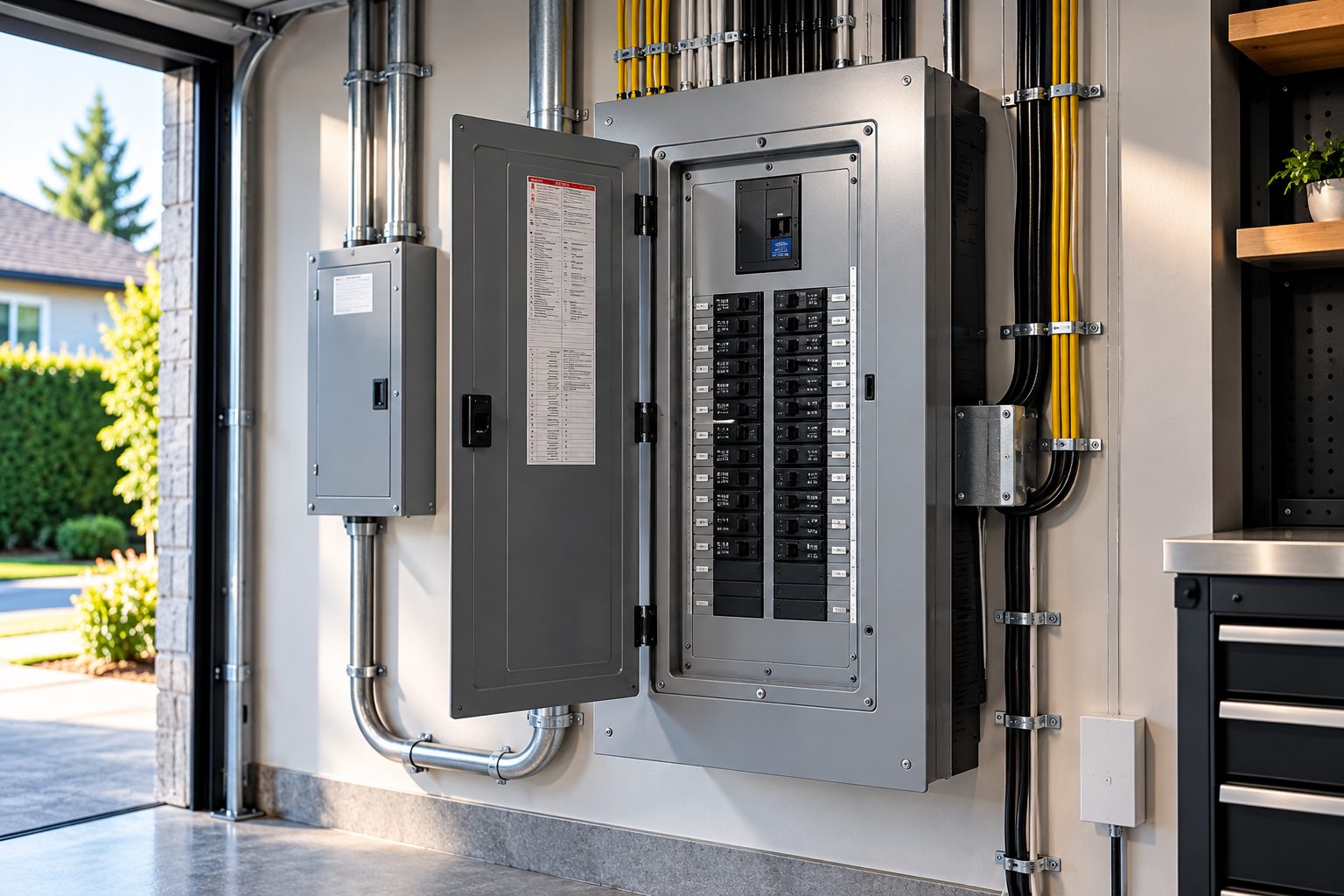 A modern residential electrical panel and subpanel in a garage