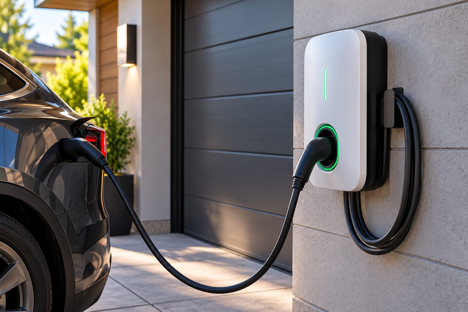 An electric car charging from a wall-mounted home charger beside a garage