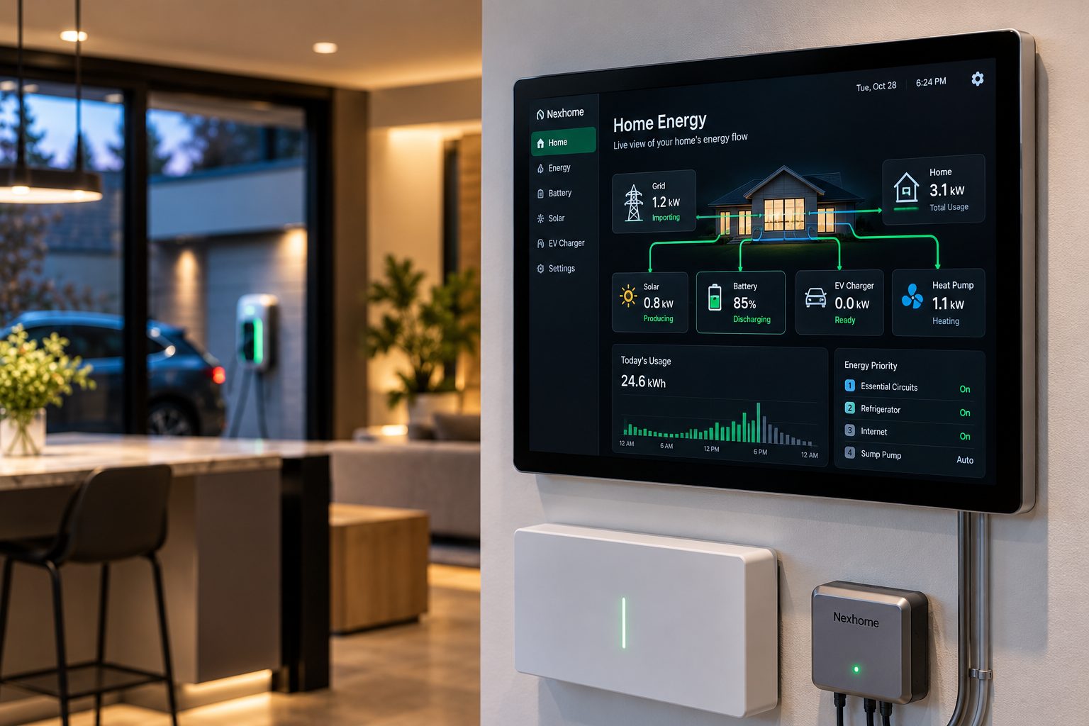 Illustrative home energy dashboard on a wall-mounted touchscreen