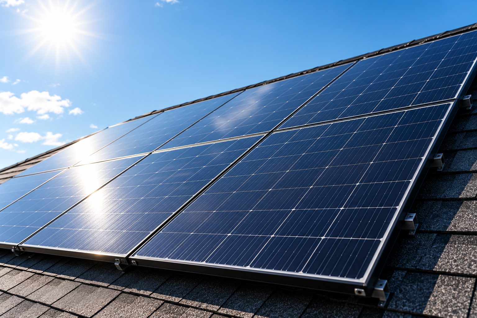 Solar panels on a shingled roof under a clear sky