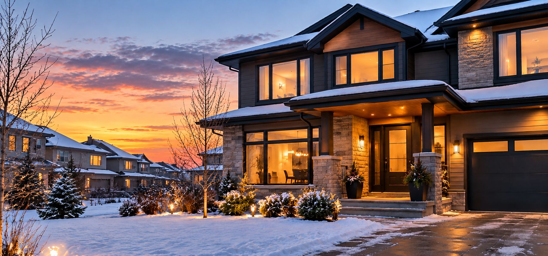 A modern Canadian home at dusk in winter, with warm light in the windows and snow on the lawn