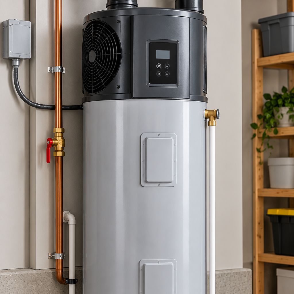 A heat pump water heater with the heat pump on top of the tank