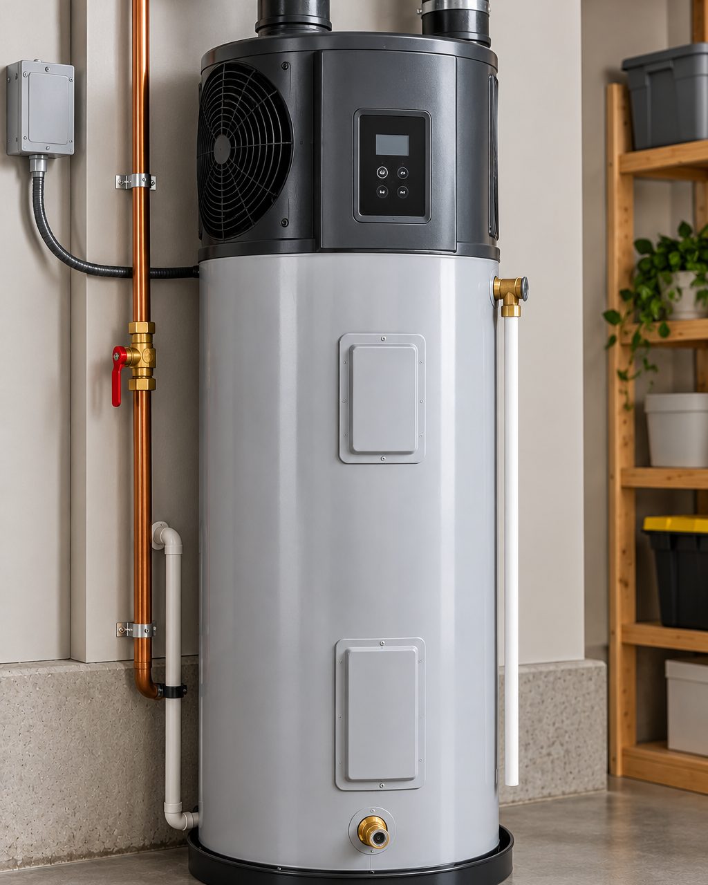 A hybrid heat pump water heater with the heat pump on top of the tank