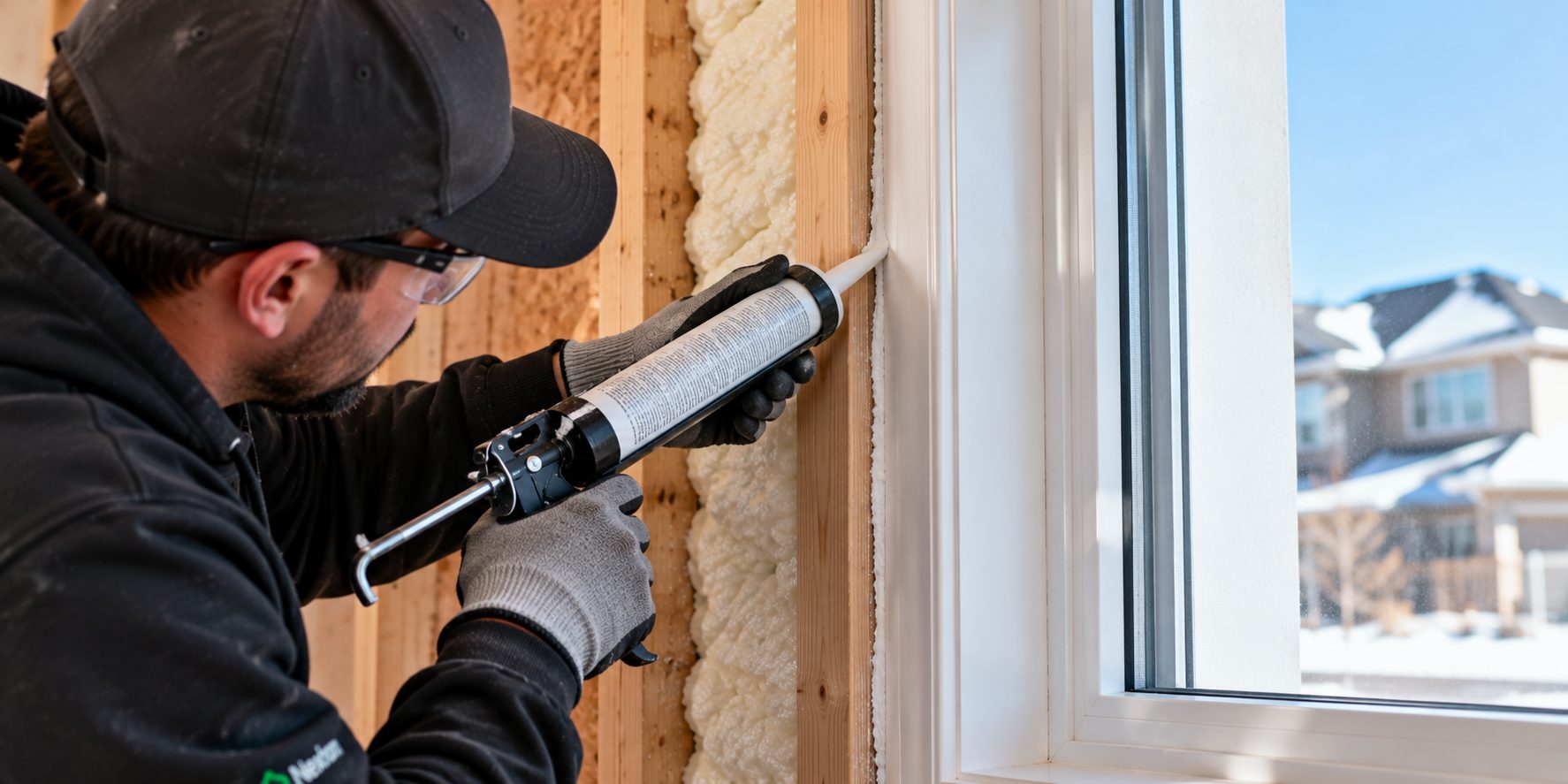 An installer in safety glasses and gloves sealing around a window frame with a caulking gun