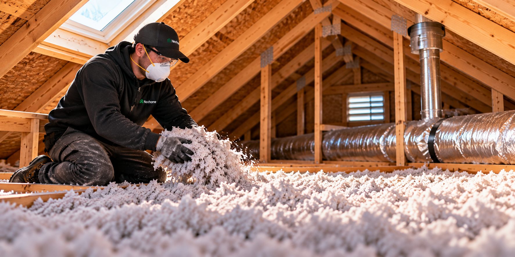 An installer in a mask and safety glasses spreading loose-fill insulation across an attic floor