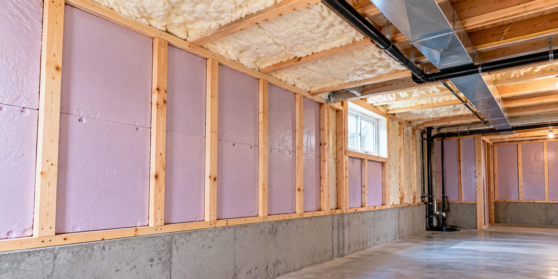 A basement with rigid foam on the foundation walls and spray foam at the rim joists