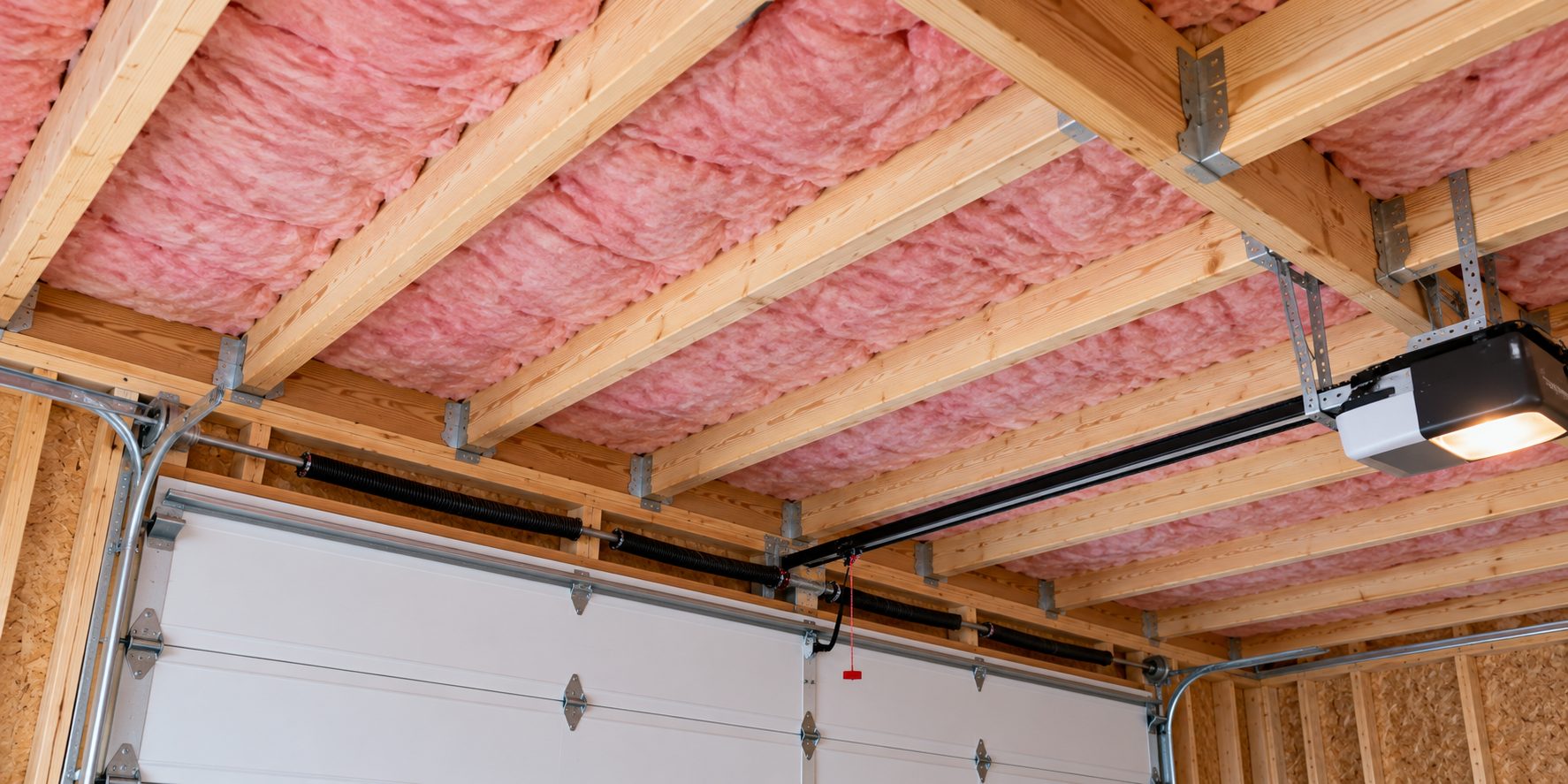 Fiberglass batts installed between the ceiling joists of a garage
