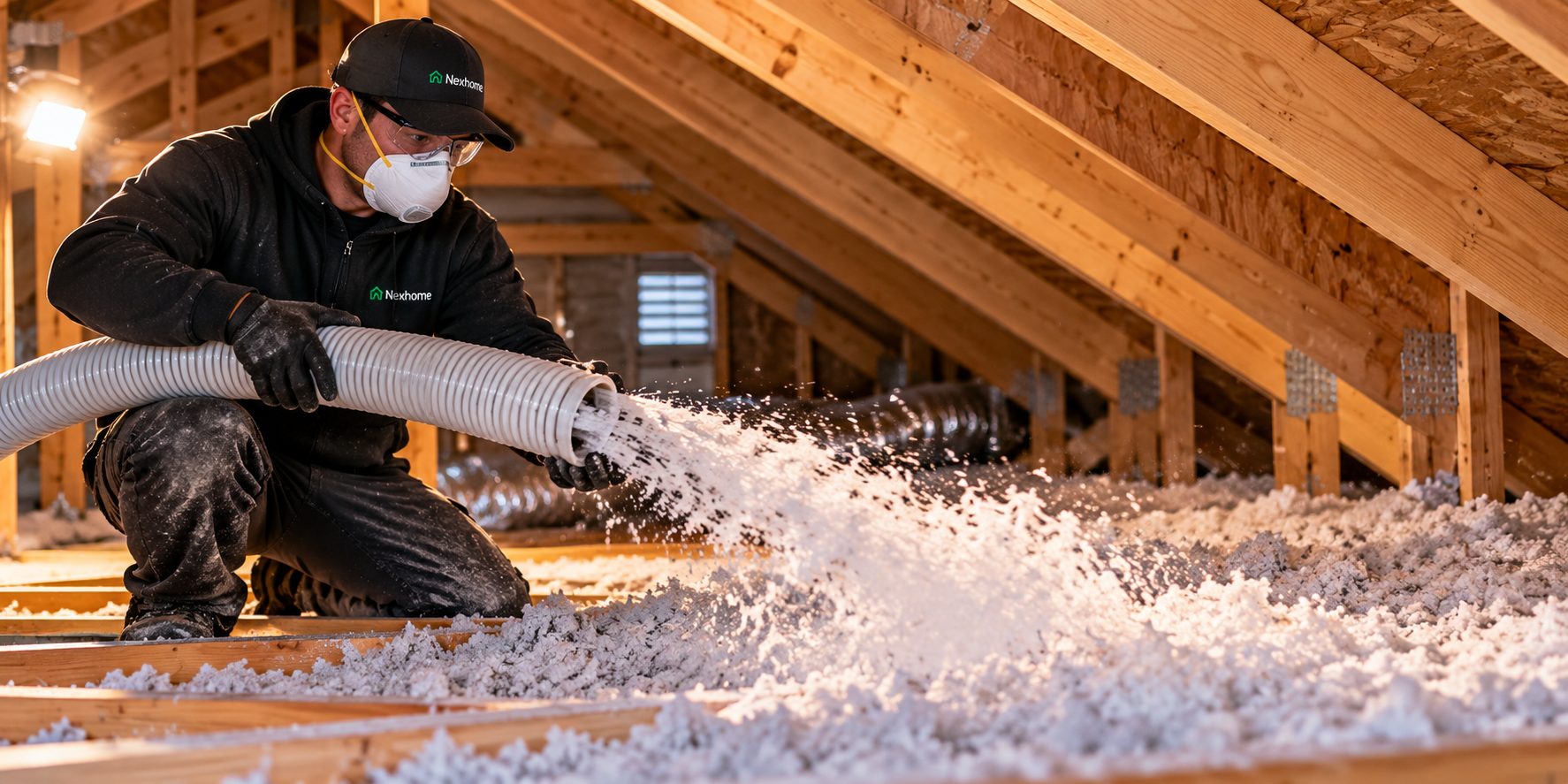 A Nexhome installer in a mask and safety glasses blowing loose-fill insulation across an attic floor
