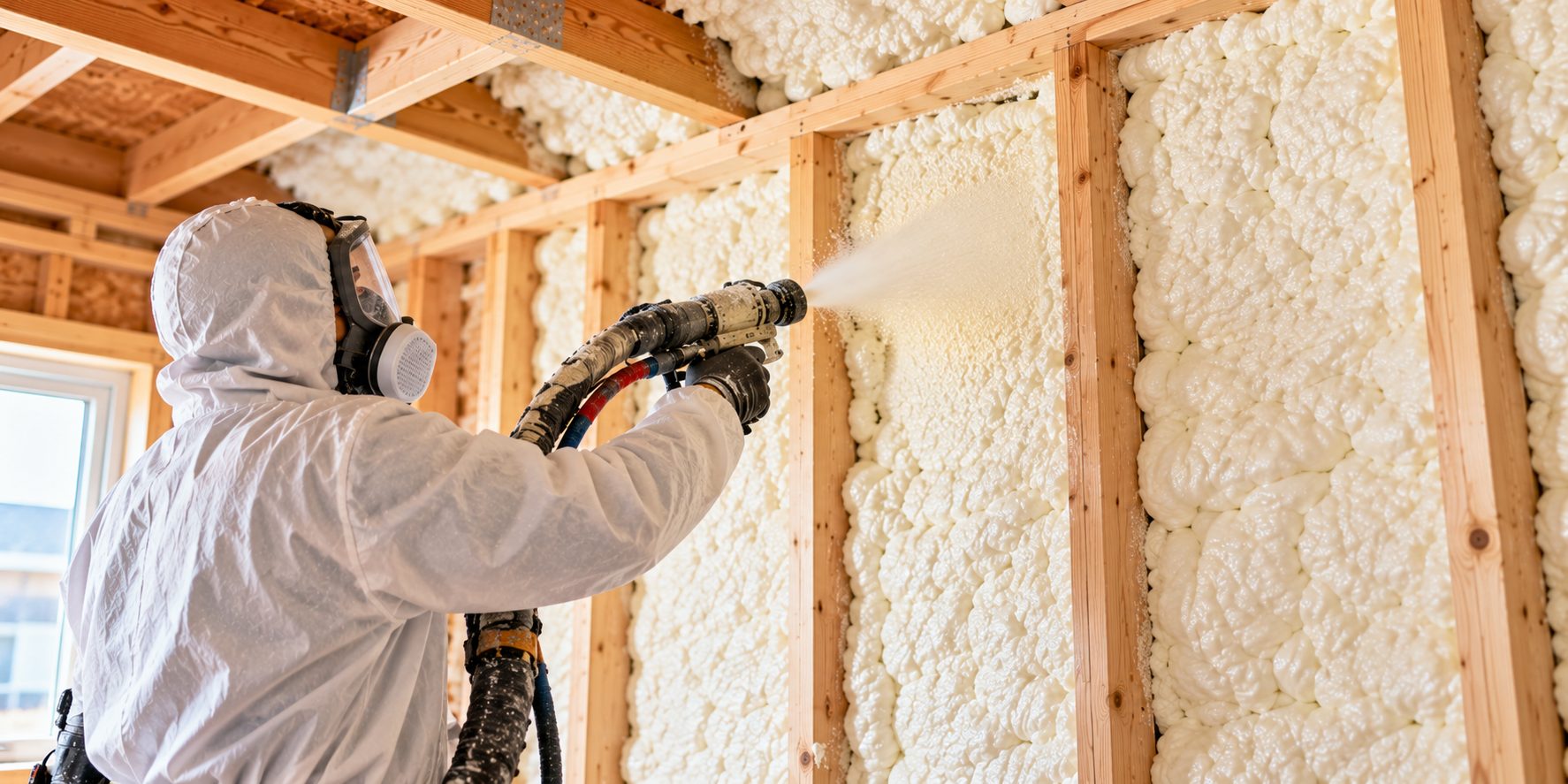 An installer in a protective suit and respirator applying spray foam to wall cavities