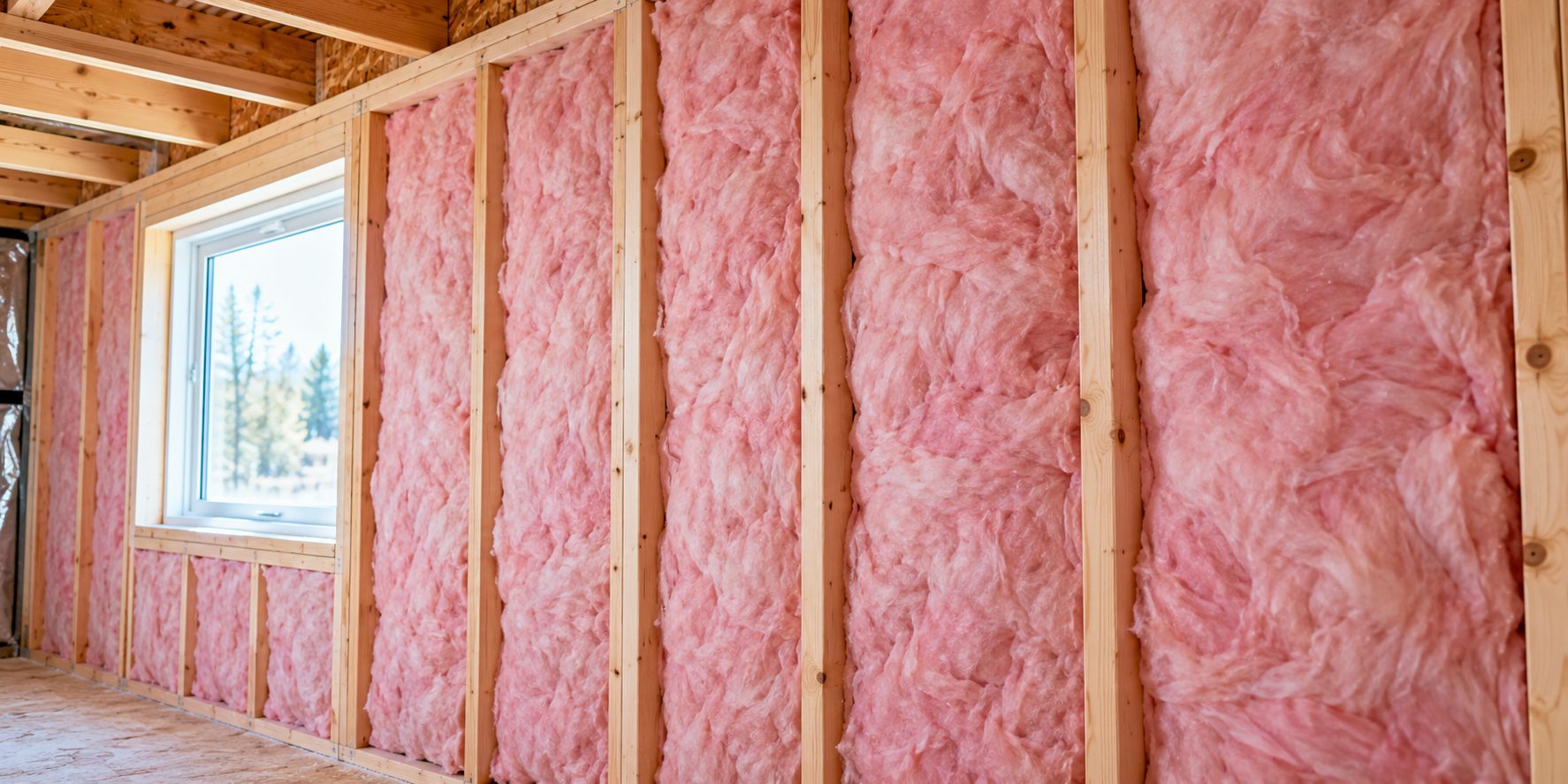 Pink fiberglass batts fitted between the studs of an exterior wall