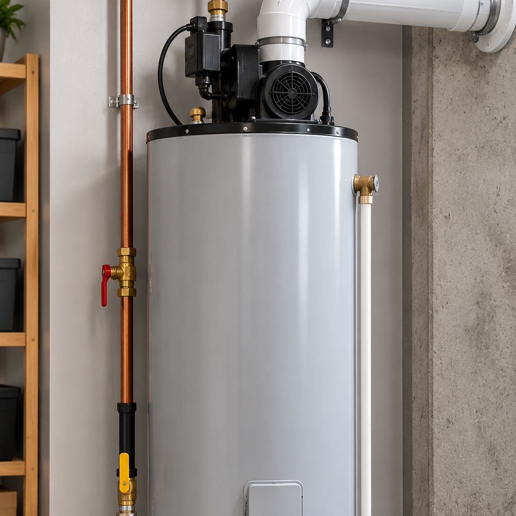 A gas storage water heater with a blower on top