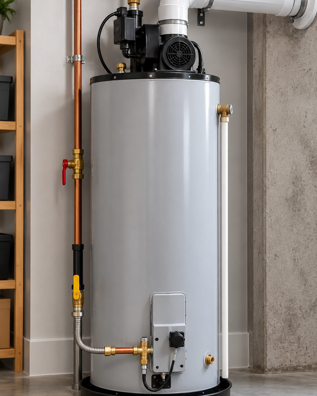 A power-vented gas water heater with a blower on top