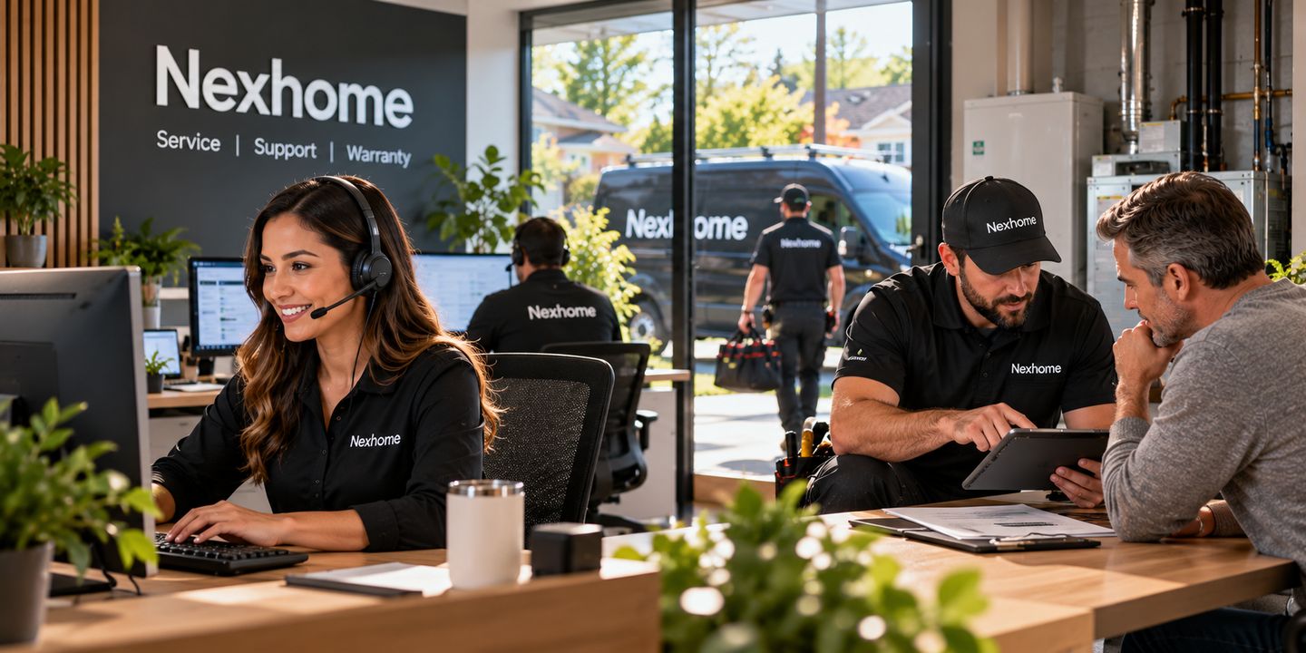 A smiling Nexhome customer care representative wearing a headset, beneath a Service, Support and Warranty sign