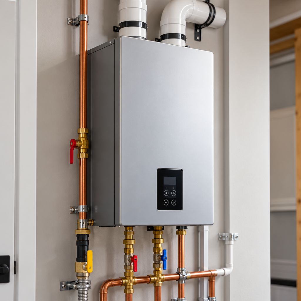 A wall-mounted tankless water heater