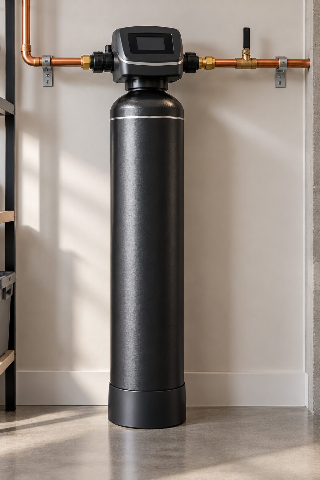 A black whole-home carbon filtration tank connected to the main water line