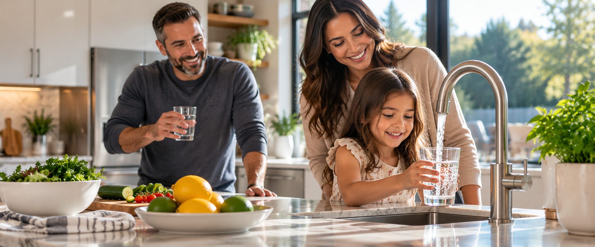 A family filling glasses of water at the kitchen sink in a bright, modern kitchen