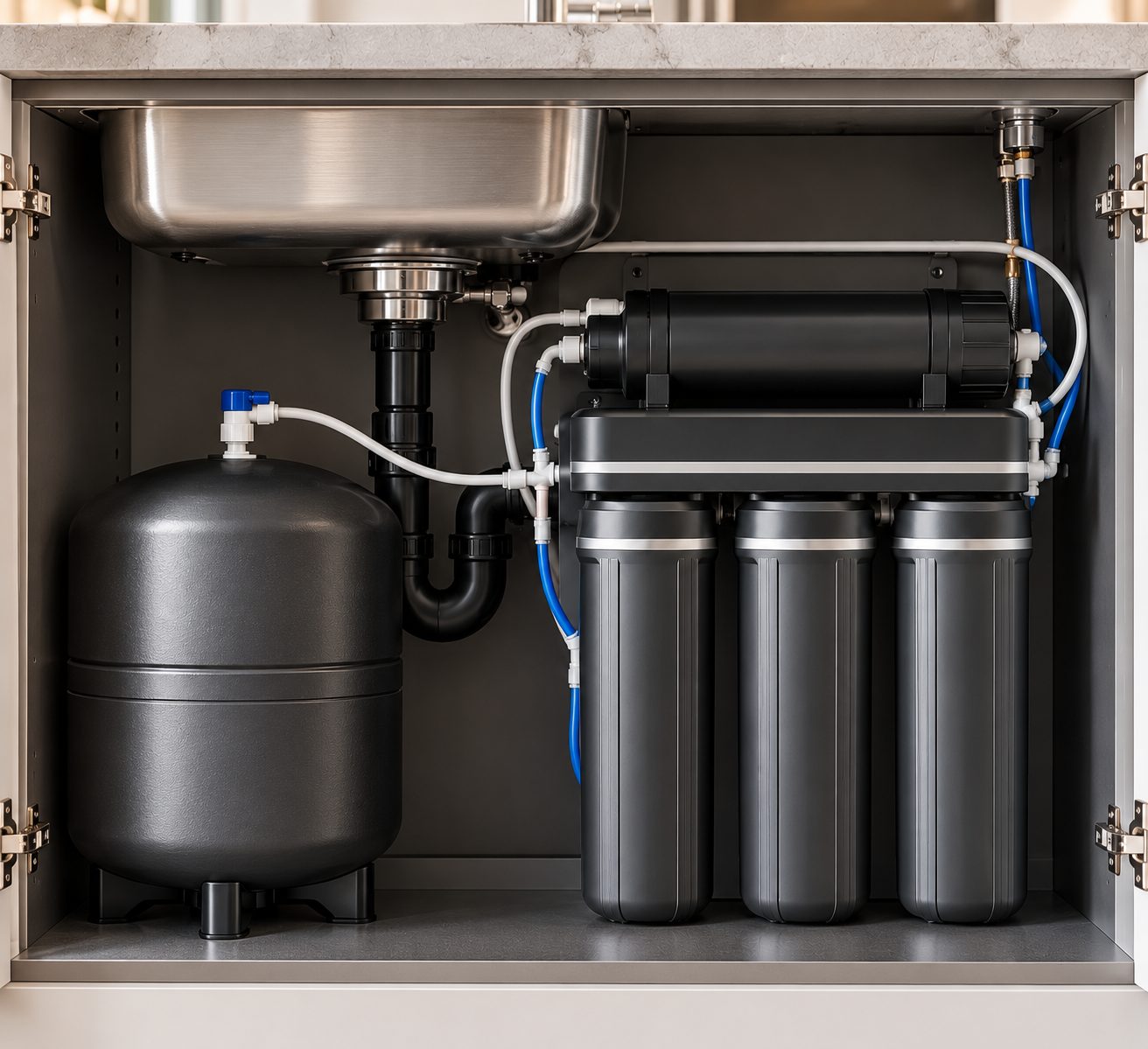 A black under-sink reverse osmosis system with filter housings, membrane and storage tank