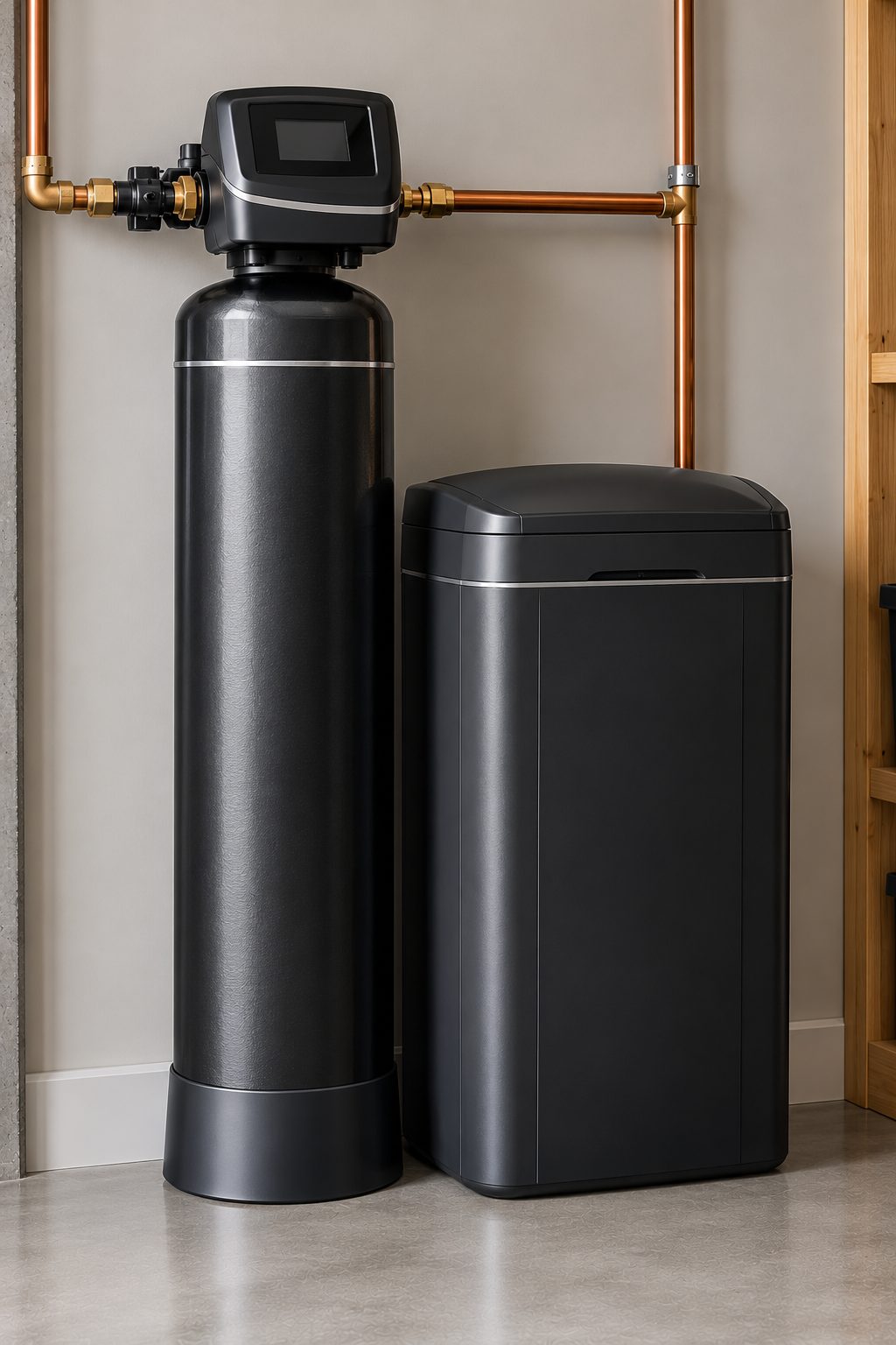 A black two-piece water softener: resin tank with control valve and a separate brine tank