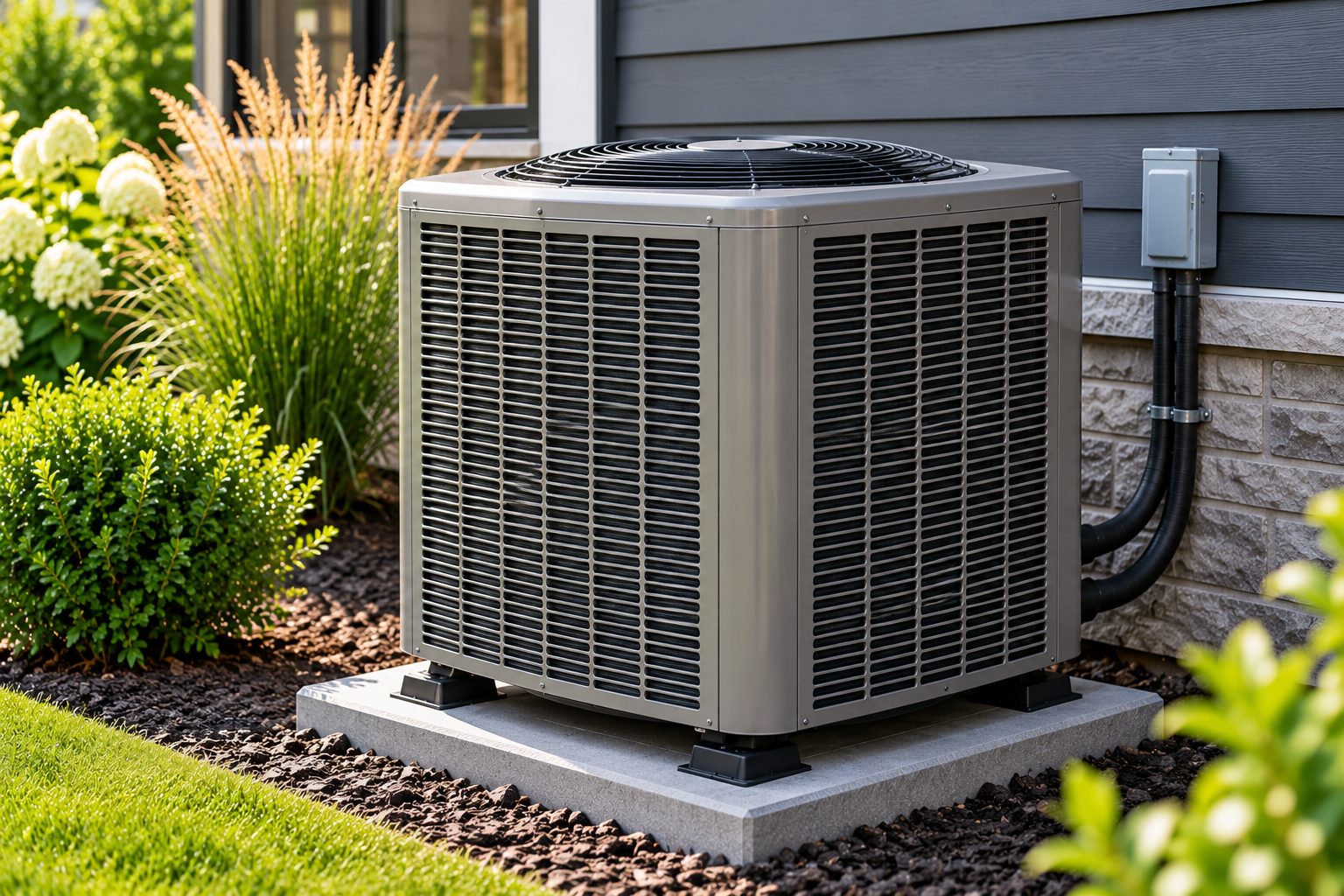 A central air conditioning condenser unit outside a home