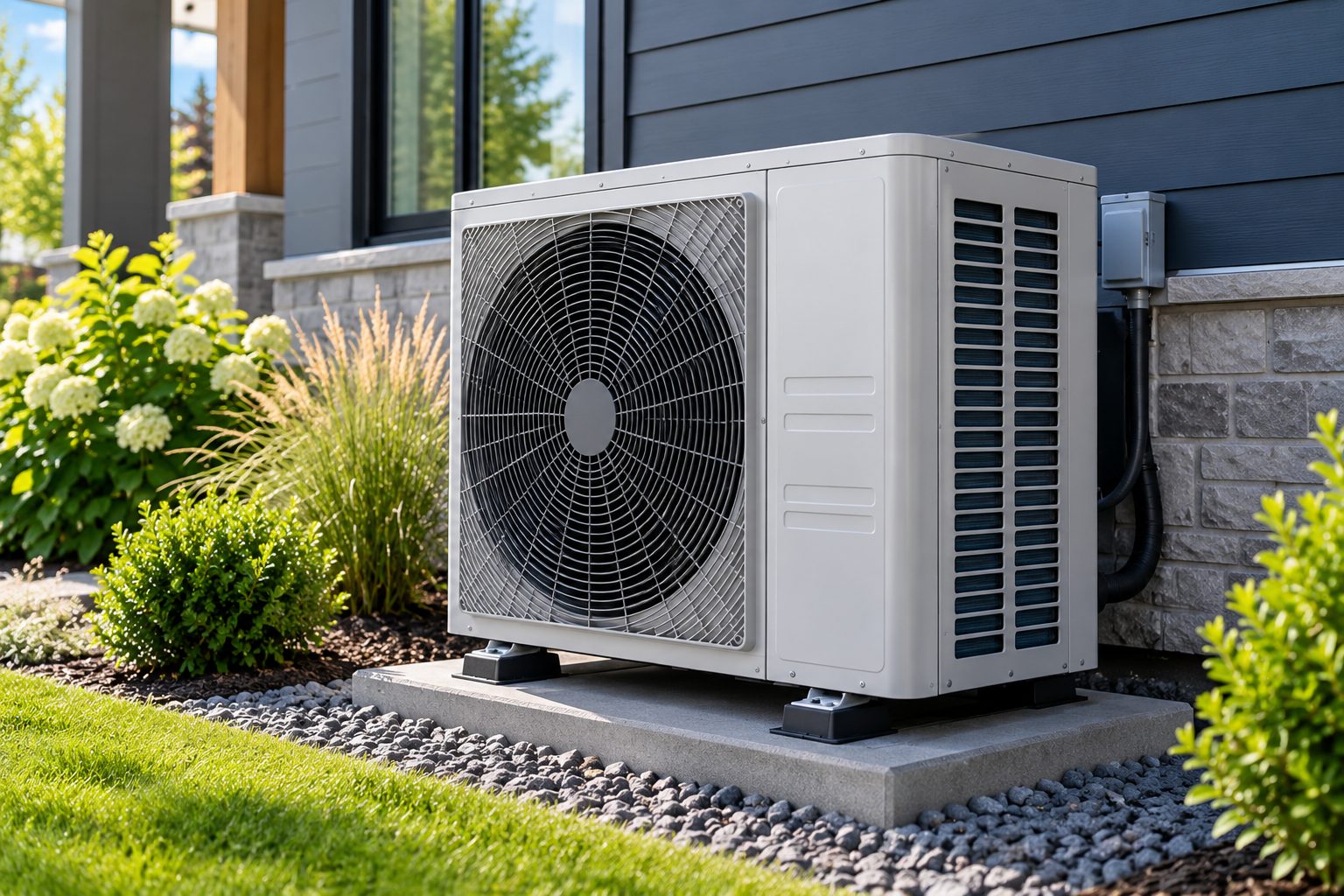 A central heat pump outdoor unit installed beside a Canadian home