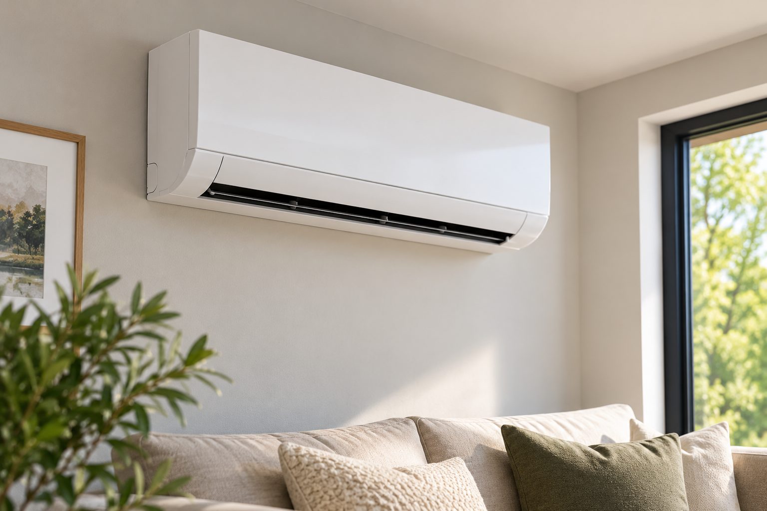 A ductless mini-split indoor head mounted on a living room wall