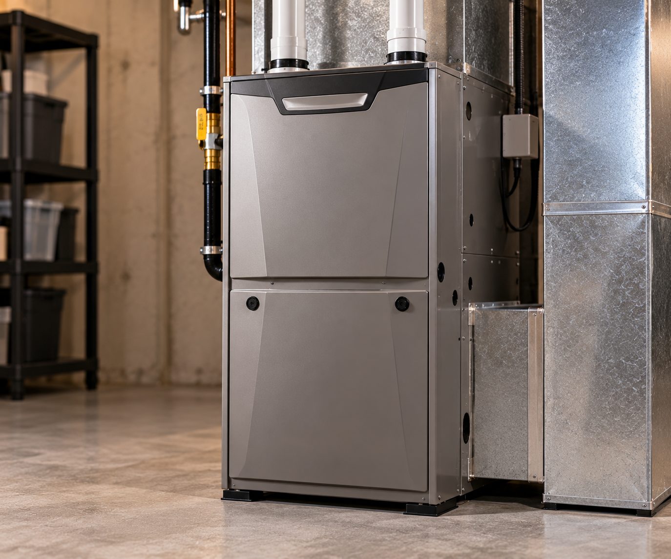 A high-efficiency gas furnace installed in a basement mechanical room